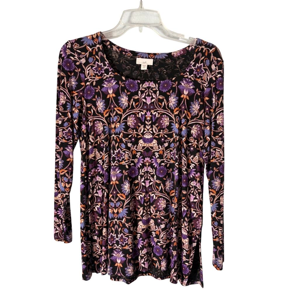 J. Jill Floral Tunic Top XS Purple Black Long Sleeve Stretch Boho Cottagecore